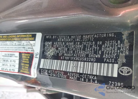 2012 Toyota Camry Le из США, поврежденный, VIN 4T1BF1FK9CU583280